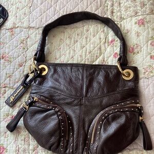 Luxurious Brown Leather Shoulder Bag with Gold Accents